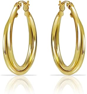 Two-Tone 925 Sterling Silver & Yellow Gold Double Square-Tube Hoop Earrings with Post Snap Down Backs, Ideal for Women or Teen Girls - Sophisticated Round Design, No Gemstone