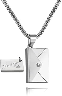 Envelope Love Letter Necklace for Women and Men Stainless Steel Engraved Locket with I Love You Secret Message Jewelry Pendant Gift for Couples and Family