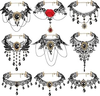MTLEE 9 Pieces Black Gothic Lace Choker for Women Black Victorian Choker Elegant Retro Necklaces for Girl Punk Party Steampunk Vampire Cosplay Costumes Jewelry