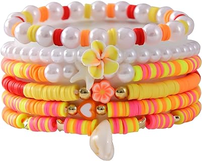 Polymer Clay Flower Shell Bracelet Set for Women Heishi Ocean Element Stretch Bracelet Colorful Surfer Bead Elastic Bracelets Simulated Pearls Tortoise Stackable Bracelets for Girls Jewelry