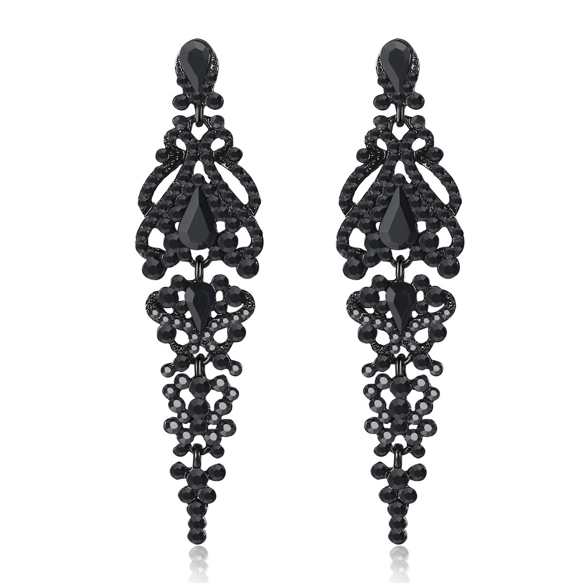 Hypoallergenic Zinc Clasp Marquise Stud Earrings, Black Austrian Crystal Embellishment with Vintage Floral Teardrop Design for Women, Elegant Butterfly Wing Dangle Design