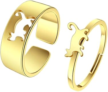 2PCS Matching Cute Animals Promise Engagement Rings for Couples Men Women Jewelry Band Sets 316L Stainless Steel Adjustable Open Ring