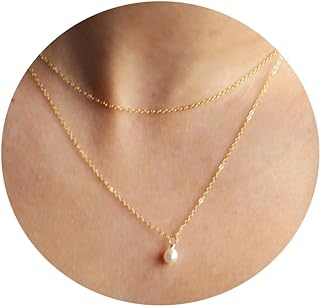 Gold Necklace for Women Layered Pearl Necklace,14k Gold Plated Waterproof Non Tarnish Layered Chain Pearl Choker Necklace Gold Jewelry Women