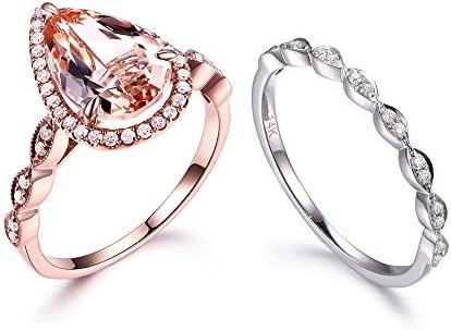 2pcs Diamond Ring Set,8x12mm Pear Cut Pink Morganite Halo Engagement Marquise Matching Art Wedding Band