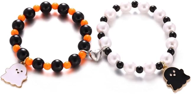 Playful Halloween Matching Bracelets with Bead Chain - Ghost & Love Heart Charms, Men and Women's Copper and Plastic Stretch Bracelets, Perfect for Halloween Parties and Gifts