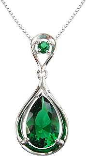 Navachi Men's 925 Sterling Silver Necklace with Box Chain & Spring Ring Clasp, 4.5ct Pear-shaped Emerald Pendant, 18k White Gold Plated