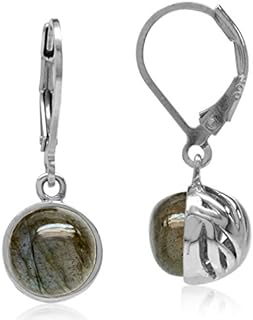 Women's 8MM Round Labradorite Dangle Earrings with Lever Back, White Gold Plated Sterling Silver Scroll Design