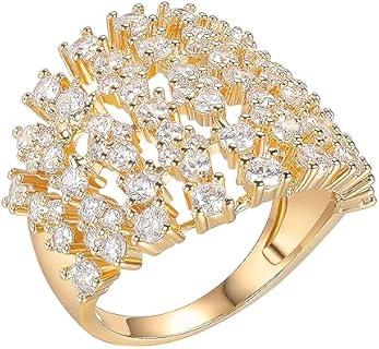 18K Yellow Gold Plated Multi-Band Engagement Ring with Cubic Zirconia for Women, Wide Eternity Promise Design Ring, Available in Size 5