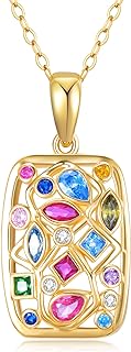 Blocaci Women's Geometric Pendant Necklace - 14K Yellow Gold with Cable Chain and Box Clasp - Colorful Cubic Zirconia Gemstones