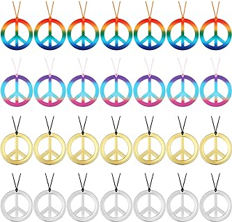 Bohemian Spirit Hippie Beads Necklace with Aluminum Chain & Spring Ring, Created Sapphire Pendant in Peace Sign Design - Set of 200 for 70s Theme Parties