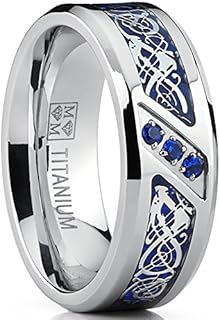 Metal Masters Co. Men's Titanium Wedding Ring Band with Dragon Design Carbon Fiber Inlay Cubic Zirconia