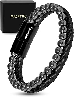 MagnetRX Hematite Magnetic Bead Bracelet in Black Leather for Men - Max Strength, Beaded Design, Wellness and Style - Large