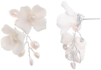 Handmade Ceramic and Copper Flower Pearl Drop Earrings with Snap Back for Brides and Women, Hoop Design