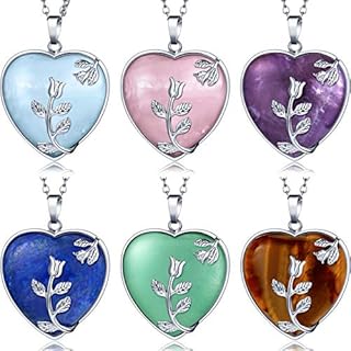 Hicarer 6 Pieces Heart Healing Crystal Necklaces Quartz Silver Rose Wrapped Gemstone Jewelry (Stylish Colors)