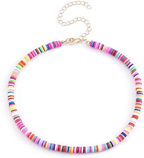 Fstrend Boho Heishi Surfer Choker Necklace Colorful Beads Vinyl Disc Lightweight Necklaces Summer Beach Puka Jewelry for Women and Girls