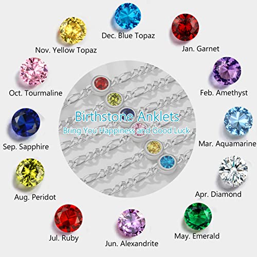 Dainty Birthstone Cute Chain Bracelet/Anklet for Women, 925 Sterling Silver Precious Jewelry, Jan - Dec 12 Options, Bracelet: 6.3"-8.3", Anklet: 8.6"-10.6", Come Gift Box