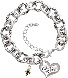 Delight Jewelry Plated Mini Fleur de Lis - Class of 2024 Heart Charm Link Bracelet, 7.25+1.25" Extender