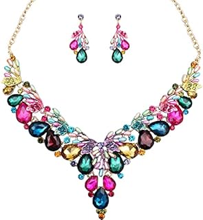 Women’s Costume Pearl Austrian Crystal Teardrop Flower Statement Necklace Dangle Earrings Jewelry Sets for Wedding Bridal