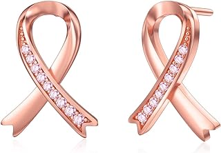 925 Sterling Silver Pink Ribbon Cross Earrings, Cubic Zirconia Studs for Women, Push Back, Breast Cancer Awareness and Survivor Gift