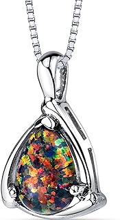 PEORA Created Black Fire Opal Teardrop Pendant Necklace for Women 925 Sterling Silver, 1 Carat Pear Shape 10x7mm, with 18 inch Chain