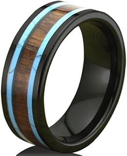Men Women 8mm Black Ceramic Ring Vintage Wedding Engagement Band with Koa Wood Two Lines Solid Turquoise