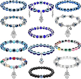 12 Pcs Evil Eye Beaded Charm Bracelets Blue Eye Bead Hamsa Stretch Bracelet Turkish Lucky Hand of Fatima Protection Bracelet for Women Men Blessing