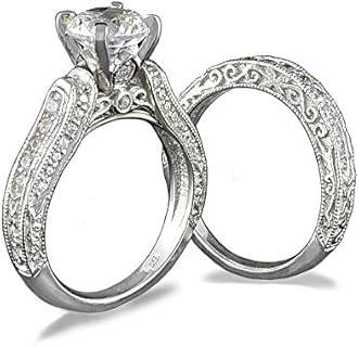 Venetia Top Grade Realistic Hearts and Arrows Cut 2 Carats Simulated Diamond Vintage Victorian Pave Ring Band Set 925 Silver Platinum Plated Art Decor Princess Wedding Engagement Solitaire