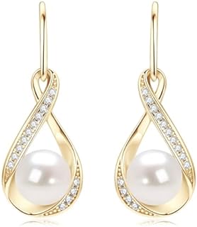 18K Yellow Gold Plated Sterling Silver Freshwater Pearl and Moissanite Infinity Dangle Earrings for Women - Elegant Wedding Jewelry Gift for Brides & Bridesmaids (8mm)