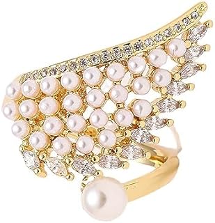 Gold Plated Pearl Engagement Ring with Cubic Zirconia for Women in Angel Wing Design