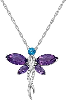 Dragonfly Pendant Necklace - Amethyst Pendant with Created White Sapphire & Simulated Blue Topaz - Birthstone Necklace for Women in Sterling Silver - 10x5 and 6x3 Marquise Gemstones