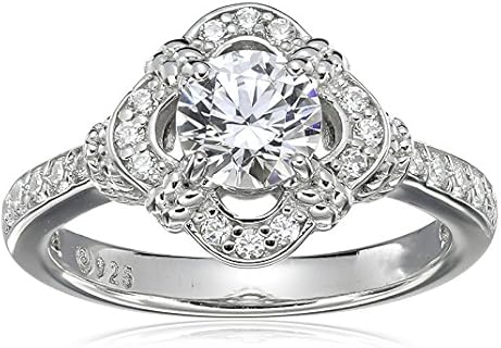 Platinum-Plated Silver Farrah Engagement Ring with Cubic Zirconia for Her, Antique Halo Design