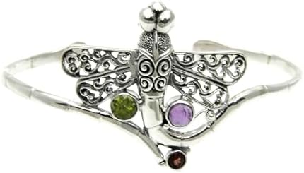 NOVICA Artisan Handmade Amethyst Peridot Cuff Bracelet Balinese Dragonfly Sterling Silver Garnet Multigem Green Multicolor Purple Red Indonesia Animal Themed Birthstone [6 in L (end to End) x 1.5 in ]
