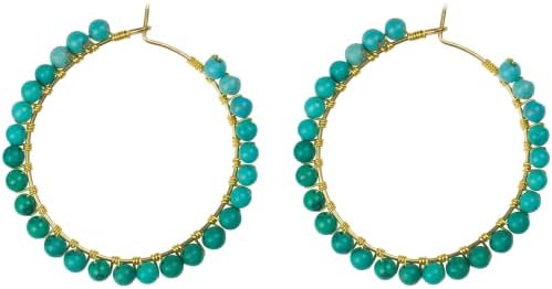 Beaded Hoop Earrings For Women - Boho Beaded Earring Hoops - Large Black Turquoise and Navy Blue Stone Bead Dangle Earrings