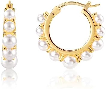 Gold Hoop Earrings with Pearl Twisted Small Hoops for Women Sterling Silver Post Small Pearl Huggie Hoop Earrings