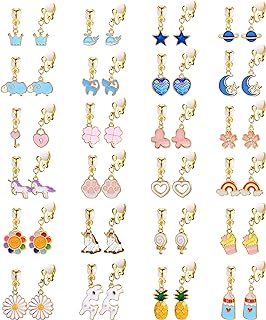 LOLIAS 24 Pairs Clip on Earrings for Non Pierced Ears Cute Assorted Animal Unicorn Flower Earrings Set for Women Mixed Color Painless Non-Piercing Earrings Pack
