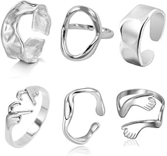 6 Pack Silver Midi Rings Stainless Steel Stackable Rings for Women Open Knuckle Rings Set Wide Irregular Finger Rings for Teen Girls Hug Geometric Fashion Rings Aesthetic Jewelry Gift