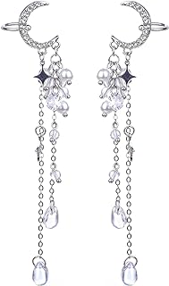 Kercisbeauty Moon Ear Cuff Stars Tassels Wrap Clip Earrings Non Pierced Ear Climber for Women Girls Fairy Costume Silver Jewelry
