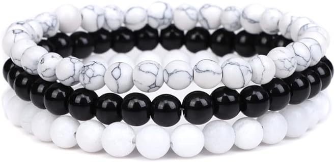 Easy Hook White Bead Bracelet - Semi-Precious Gemstones on Rope Chain for Unisex Round Design - Caiyao 3Pcs 8mm Beaded Bracelets Set