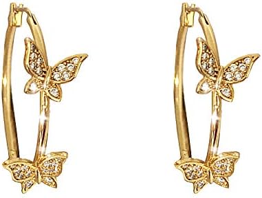 Double CZ Butterfly Dangle Hoop Earrings for Women Girls Cubic Zirconia Big Gold Hoops Click Top Lever-back Clasp Earring Dainty Huggie Mother's Day Christmas Jewelry Wedding Birthday Party Prom Gifts