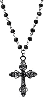 Sacina Black Onyx Beaded Cross Pendant with Unique Crisscross Zinc Alloy Chain - Ideal Gothic Gift for Women