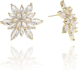 Push-Back Big Stud Earrings - Stainless Steel Cubic Zirconia Floral Design for Women - Sparkly Large Petal Cluster Summer Spring Jewelry