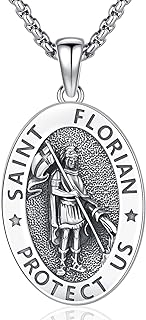 S925 Sterling Silver St Florian Catholic Medallion Pendant Necklace with Rolo Chain, Protection Amulet Jewelry Gift for Men and Women