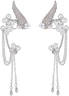 Handmade Filigree Angel Wing Cuff Earrings with Dainty Tassel Chain, Clip-On Design for Women and Girls, Sterling Silver Plated, No Piercing Required