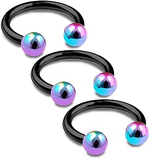 bodyjewellery 3pcs 16g Horseshoe Ring Lip Nose Septum Cartilage Hoop Tragus Forward Helix Black Anodized Steel Rainbow Balls - Pick Size