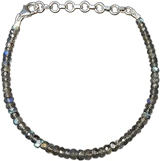 Fish Hook Clasp Labradorite Bead Bracelet with Sterling Silver Bead Chain | Sophisticated Blue Fire Design for Elegant Women | From India