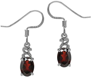 Petite Victorian Dangle Garnet Earrings with French Wire Back, Oval Gem Design for Women, White Gold Plated Sterling Silver