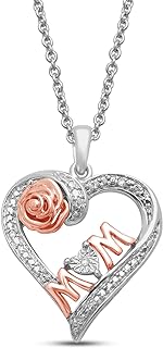 Jewelili Open Heart Mom Script and Rose Necklace Pendant in 14K Rose Gold Over Sterling Silver with Round Diamonds and 18 inch Rolo Chain
