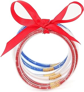 Buckle Clasp Red Silicone Bangle Bracelet Set with Box Chain for Women, Glitter-Filled in Bowknot Design (6 Pieces)