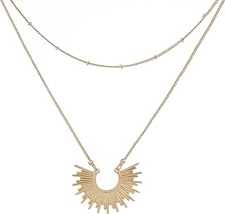 Sun Pendant Necklace - 14k Gold Plated Pendant Necklaces - Long Round Pendant - Half Spike 2pc Layering Set - Sunburst Gold Necklace for Women and Teens - Jewelry Gift