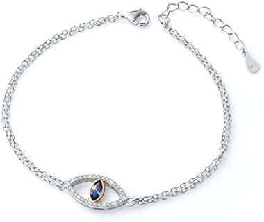 Evil Eye Bracelet by DAOCHONG - 925 Sterling Silver Double Strand with Cubic Zirconia for Women and Teen Girls - Features Rolo Chain and Lobster Claw Clasp